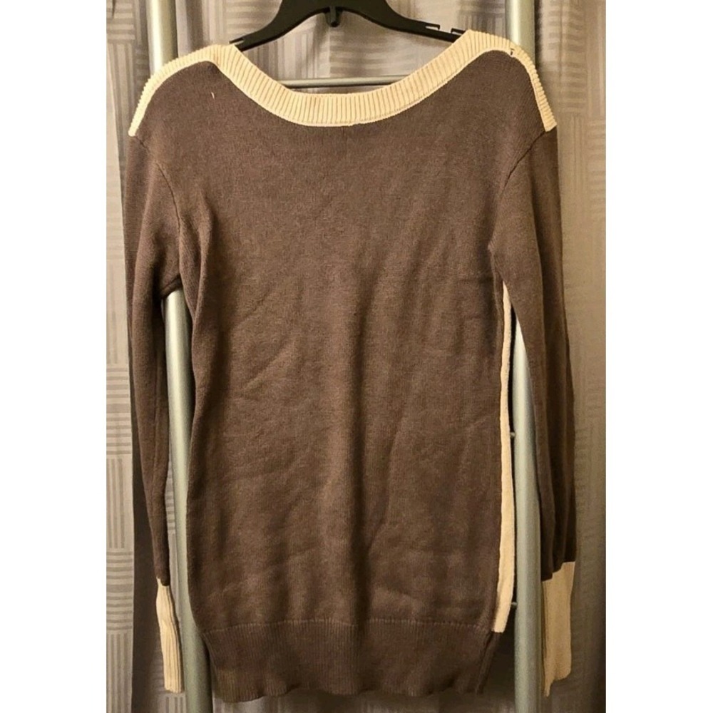 Patty Boutik L Brown Beige Boat Neck Colorblock‎ Ribbed Cuffs Hem Casual Sweater